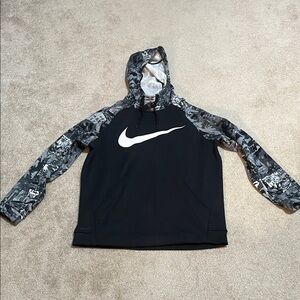 Nike Black Hoodie with White Swoosh and Gray Camo Sleeves